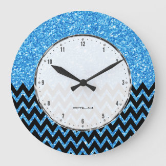 Svart Chevron Blue Faux Glitter Stor Klocka