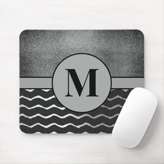 Svart Chevron Silver Glitter Monogram Initial Musmatta (Med mus)