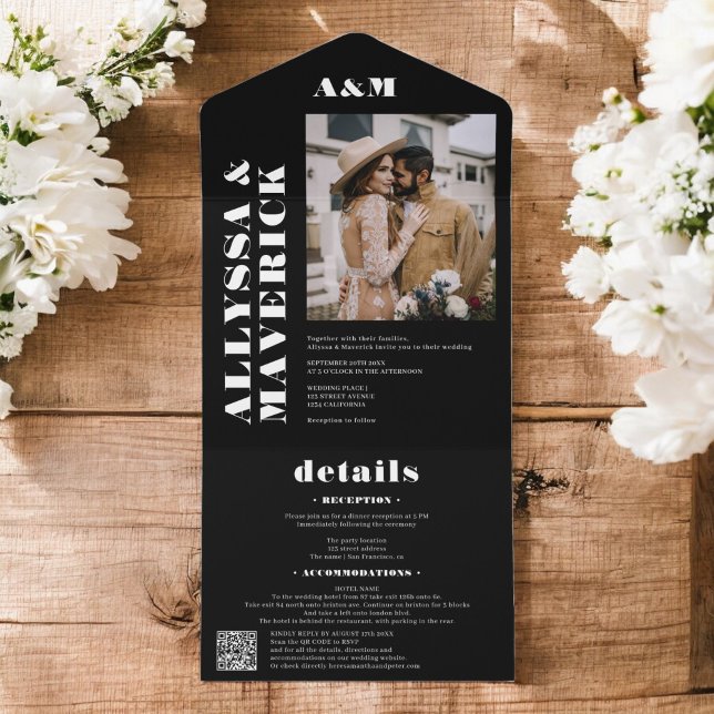 Svart chic Fet, enkelt, monogram foto bröllop (Black chic Bold simple monogram photo wedding All In One Invitation)