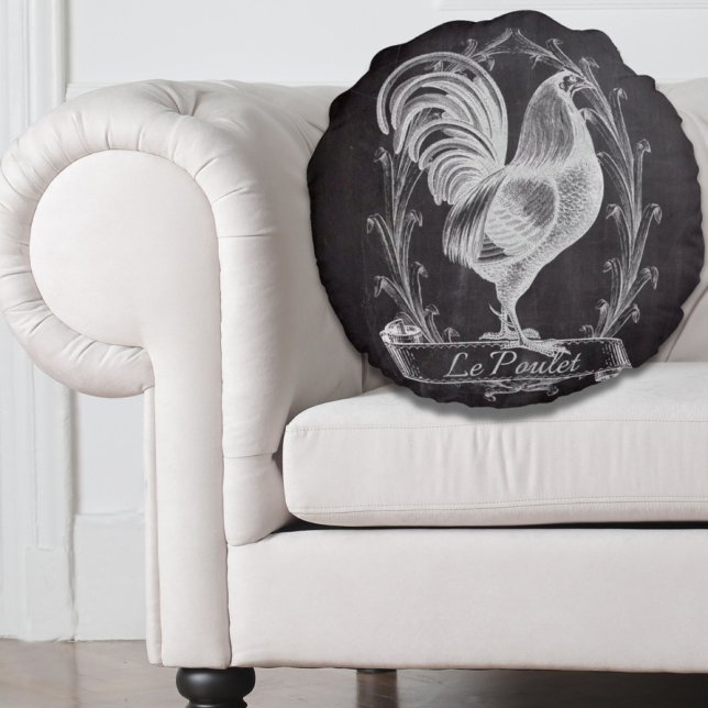 Svart chic fransk land tupp rund kudde (rustic chic blackboard french country rooster round pillow)