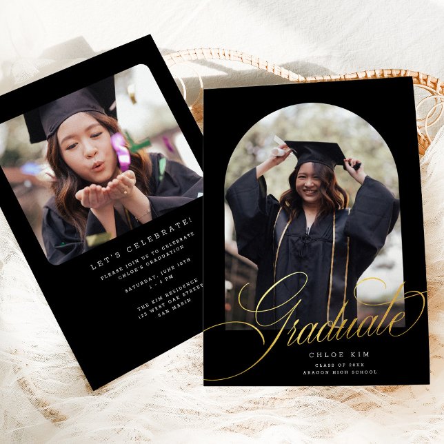Svart Chic Guld Skript Valv Gradueringsfoto Meddelande (Skapare uppladdad)