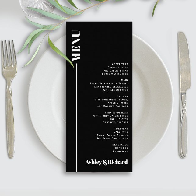 Svart chic - minimalistiskt typografi bröllop-meny reklamkort (Skapare uppladdad)