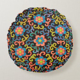 Svart chic mönster med färgrik blomster  rund kudde
