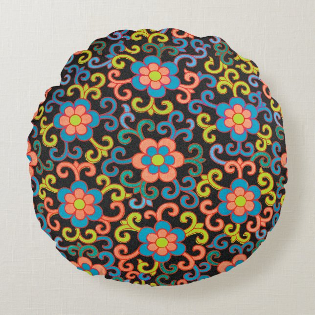 Svart chic mönster med färgrik blomster  rund kudde (Framsidan)