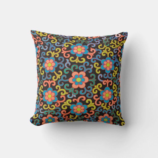 Svart chic mönster med färgrika blommor  kudde (Framsida)