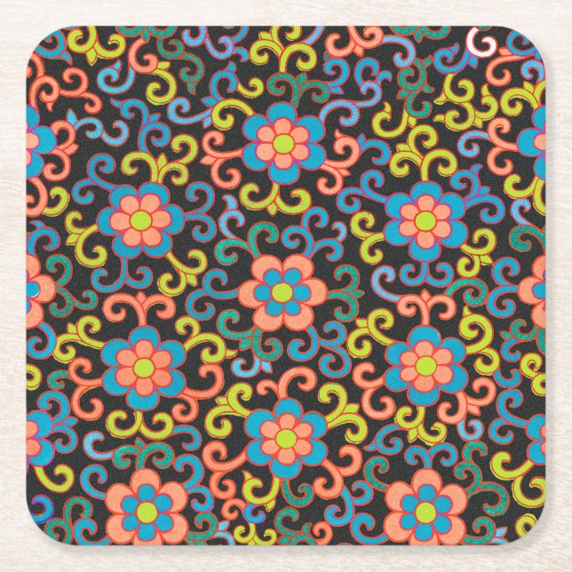 Svart chic mönster med färgrika blommor  underlägg papper kvadrat (Framsidan)