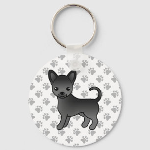 Svart Chihuahua med slät päls Tecknad hund & tassa Nyckelring