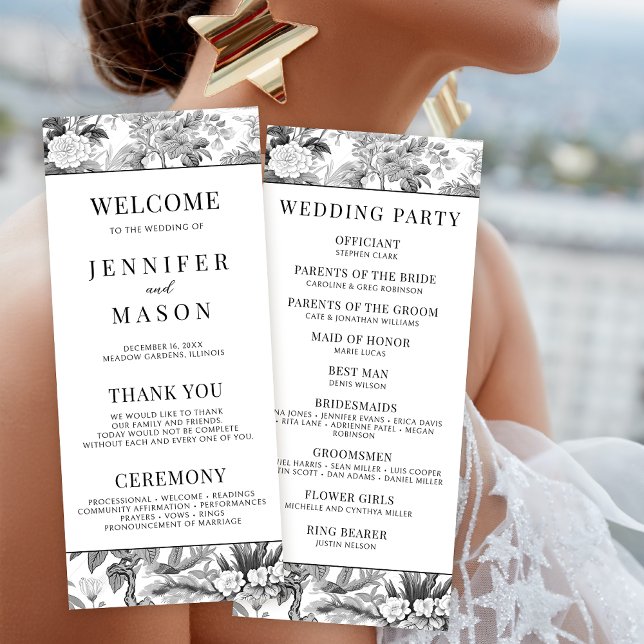 Svart chinoiserie-bröllopsprogram för blommigt (Skapare uppladdad)