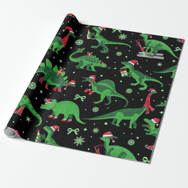 Svart christmas dinosaurs stegosaurus triceratops presentpapper (Utrullad)