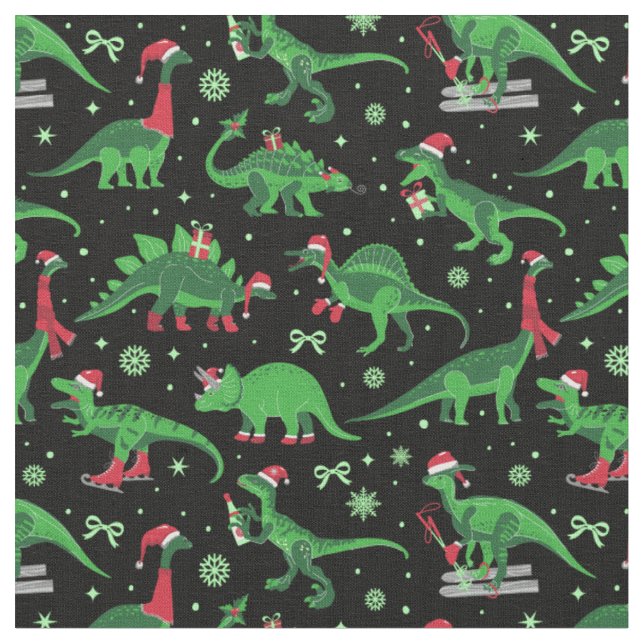 Svart christmas dinosaurs stegosaurus triceratops tyg (Närbild)