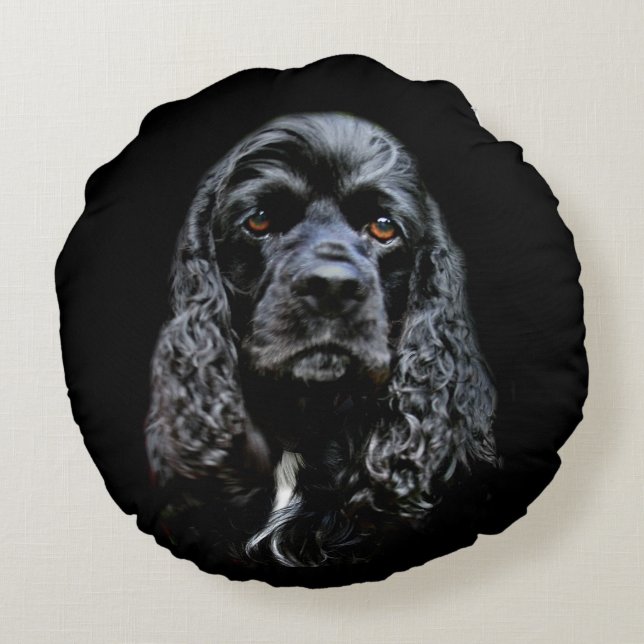Svart cocker spaniel ansikte rund kudde (Baksidan)