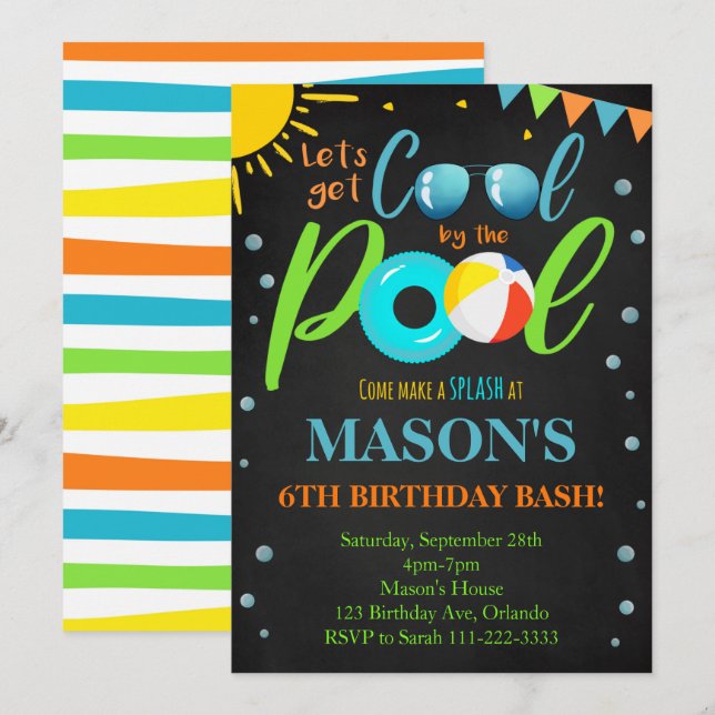 Svart Coola Bassäng Party födelsedag Inbjudningar (Fram/baksida)