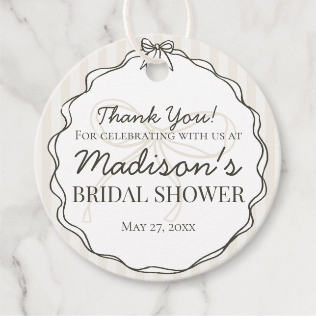 Svart Coquette Böj Beige Randig Bröllopsdusch Gåvor Etiketter (Framsida)