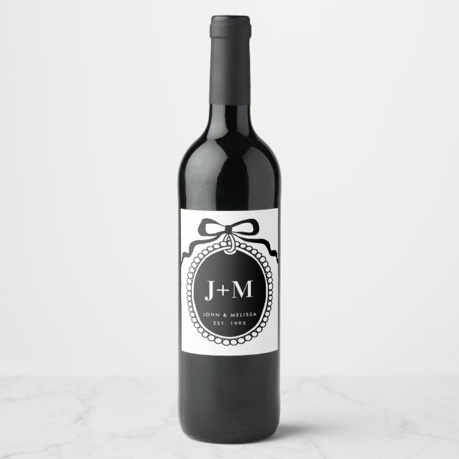 Svart Coquette Monogram Charm  Vinflaska Etikett (Framsida)