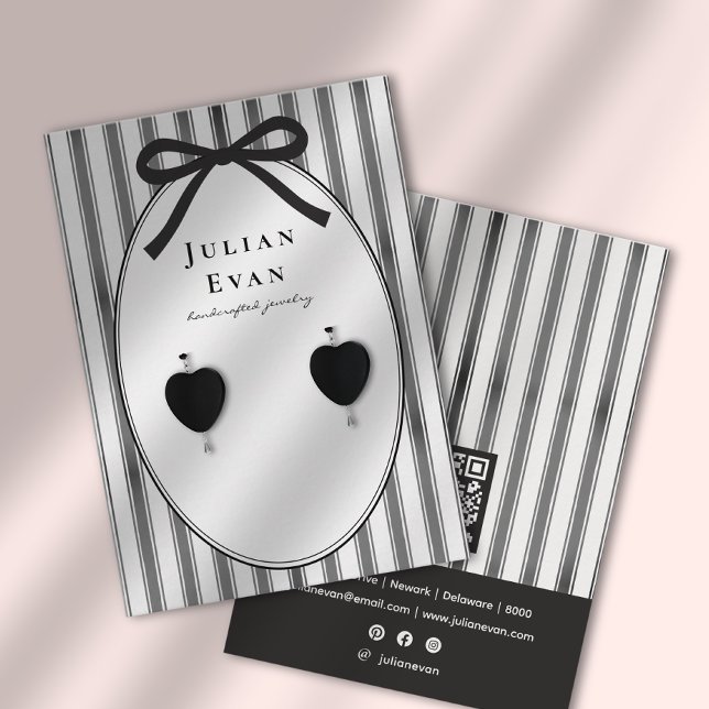 Svart Coquette Priddy Randig Smycken Display Visitkort (Black Coquette Preppy Stripe Jewelry Display Business Card)