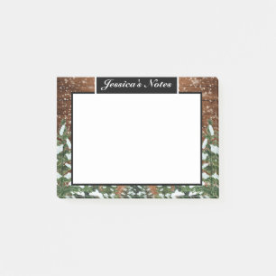 Svart Country Snowy Wood & Forest Pine Anpassad Post-it Block
