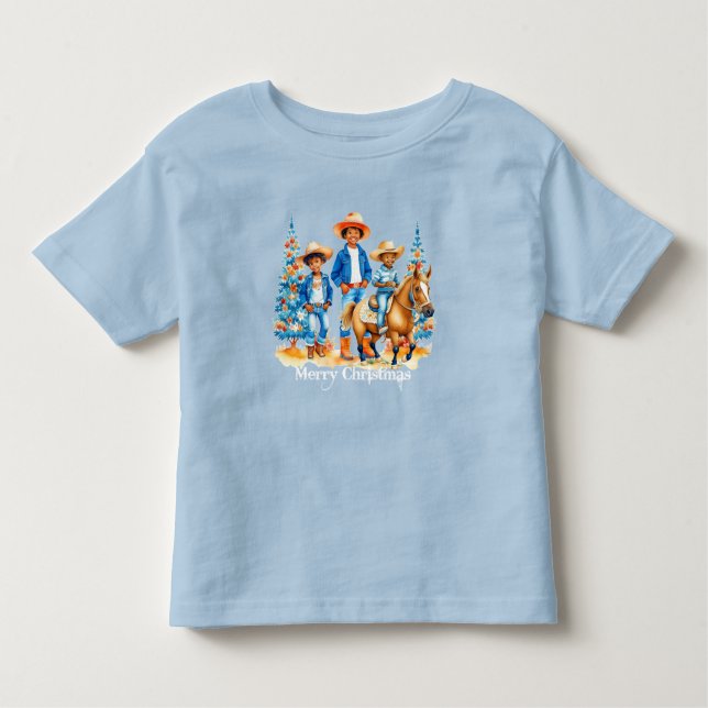 Svart Cowboy Cowgirl Barn Med Häst God Jul T Shirt (Framsida)