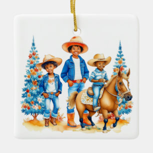 Svart Cowboy Cowgirl Barn Med Häst Jul Julgransprydnad Keramik
