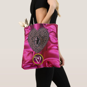SVART CUPID LACE HJÄRTA ROSA FUCHSIA ÄDELSTEN MONO TYGKASSE