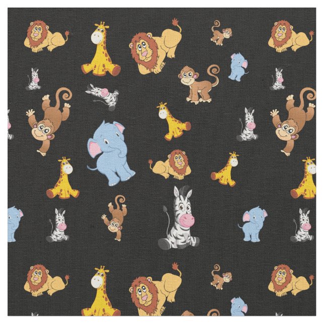 Svart Cute safari animal mönster - Giraffe, elepha Tyg (Närbild)