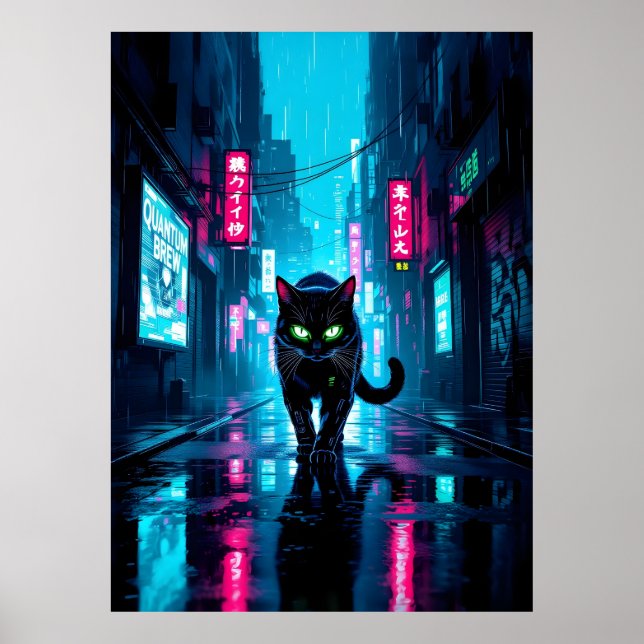 Svart Cyberpunk Katt I Neon Regnig Stad Poster (Framsidan)