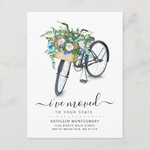 Svart cykel Blå blommig korg Förflyttning Meddelande Vykort