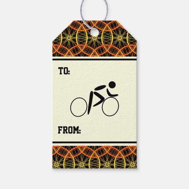 Svart cykliskt cykelhjul mönster orange presentetikett (Framsidan)