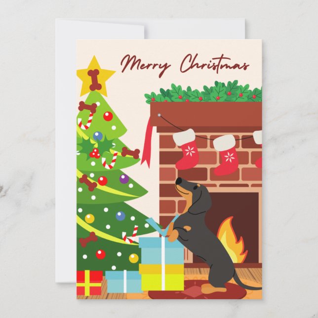 Svart Dachshund Julgran Hund kakor Roligt Julkort (Framsida)