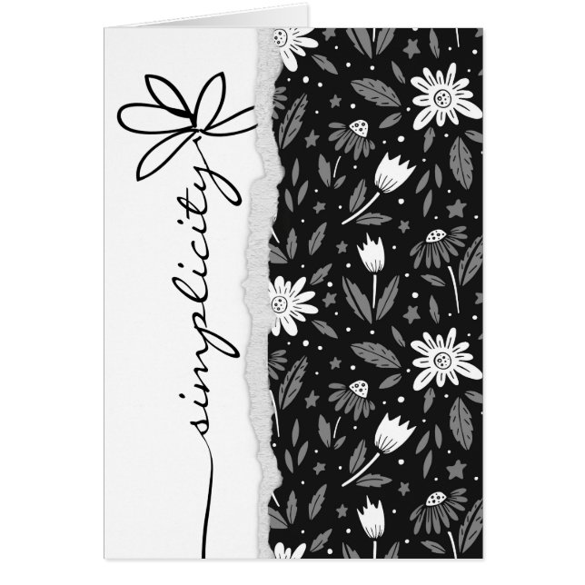 Svart daisy med ord enkelhet hälsningskort (Framsidan)
