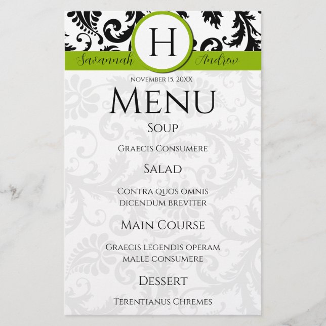 Svart Damak Swirls Monogram Apple Grönt Menu (Framsida)
