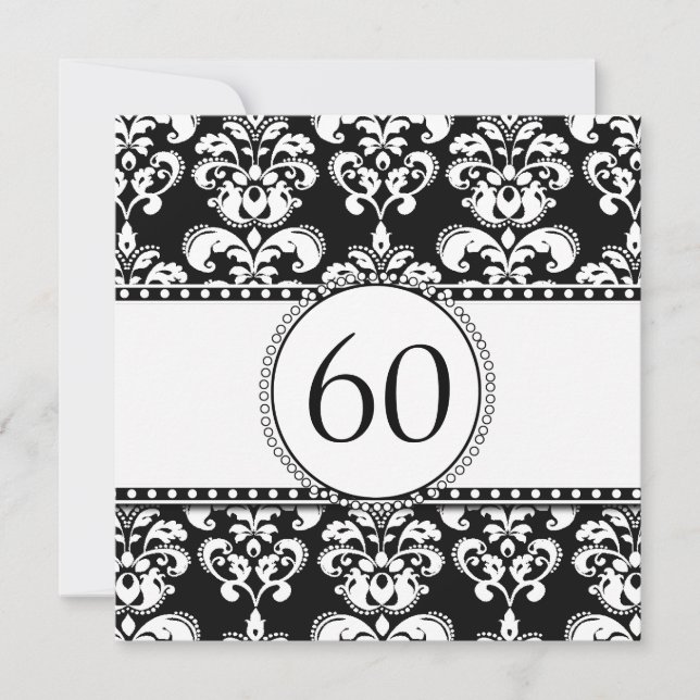 Svart Damask 60:e födelsedagsinbjudan| Vit Inbjudningar (Framsida)
