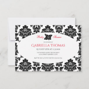 Svart Damask & Blomma - 3x5 Baby Shower Inbjudan