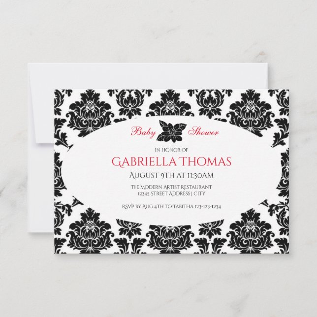 Svart Damask & Blomma - 3x5 Baby Shower Inbjudan (Framsida)