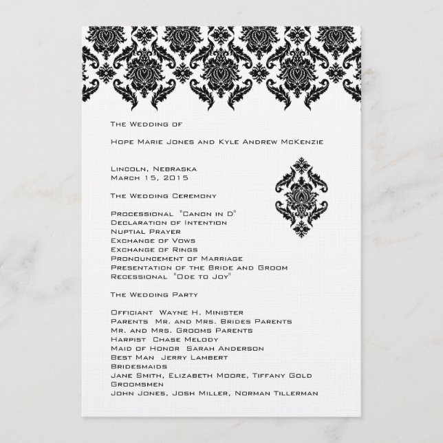 Svart Damask-bröllopsprogram Program (Framsida)