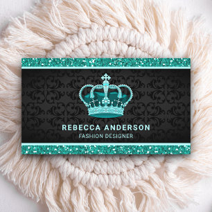 Svart Damask Falsk Teal Mint Glitter Royal Krona Visitkort