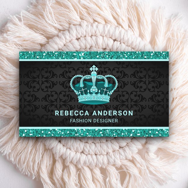 Svart Damask Falsk Teal Mint Glitter Royal Krona Visitkort (Skapare uppladdad)
