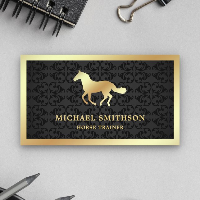 Svart damask Gold Foil Horse Riding Instructor Visitkort (Skapare uppladdad)