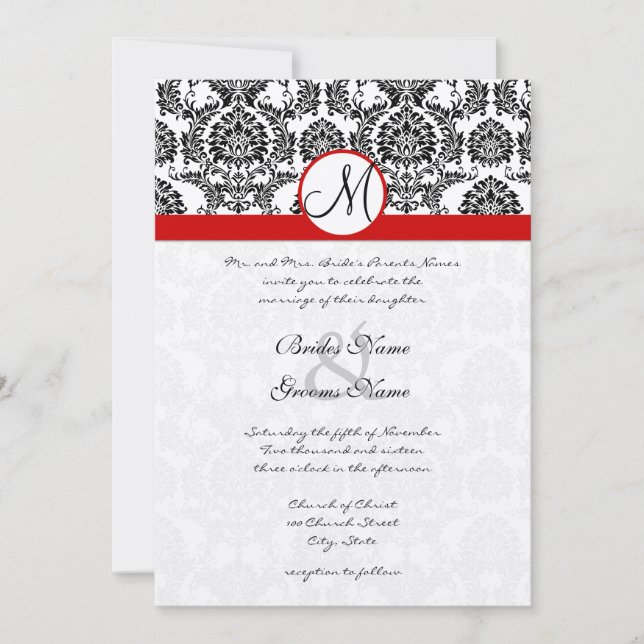 Svart Damask med Red Trim Wedding-inbjudan Inbjudningar (Framsida)