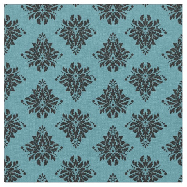 Svart Damask på Teal Tyg (Närbild)