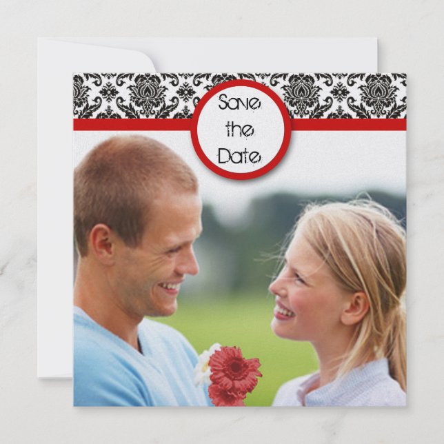 Svart Damask på Vit med Röd Trim Save The Date Spara Datumet (Framsida)