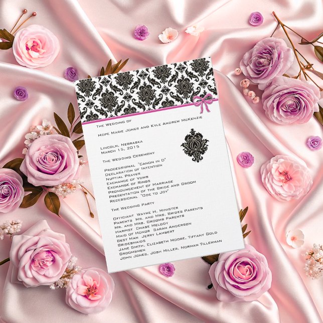 Svart Damask på Vit  Rosa Trimpålägg Bröllopsprogr Program (Skapare uppladdad)