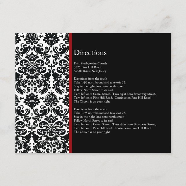 Svart Damask Röd Accent Riktningskort Tilläggskort (Framsida)