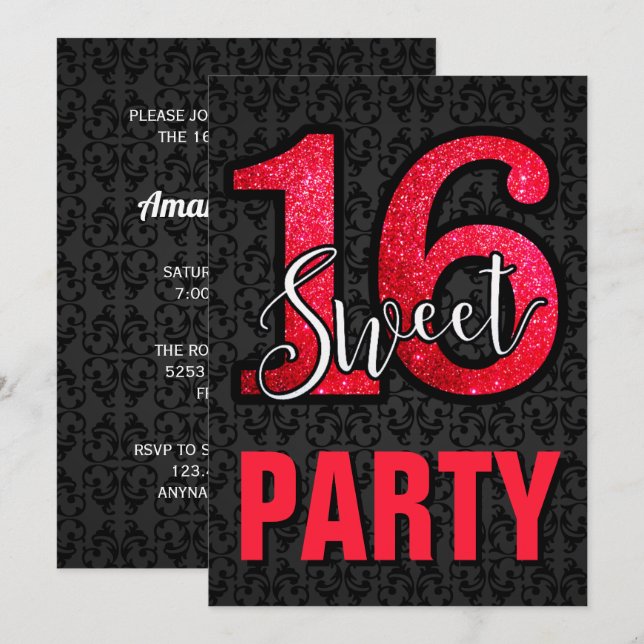 Svart Damask Röd Glitter Sweet 16 Födelsedagsfest Inbjudningar (Fram/baksida)