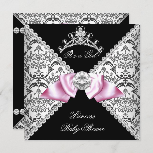 Svart Damask Rosa Band Prinsessa Baby Shower Rosa Inbjudningar (Fram/baksida)