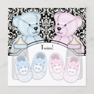 Svart Damask Rosa Blå Teddybjörn Tvilling Bebis Ba Inbjudningar