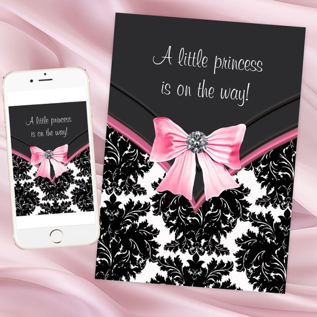 Svart Damask Rosa Prinsessa Bebis Bjudning Inbjudningar (Pink and black damask baby shower invitation. Change all text. Download and printed available.)