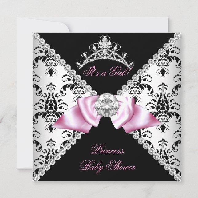 Svart Damask Rosa Rosett Prinsessa Baby Shower Dia Inbjudningar (Framsida)