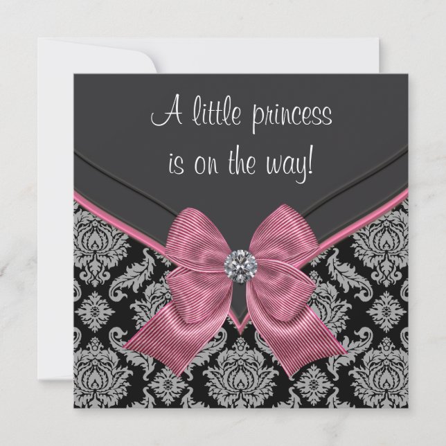 Svart Damask Rosa Rosett Prinsessa Baby Shower Inbjudningar (Framsida)