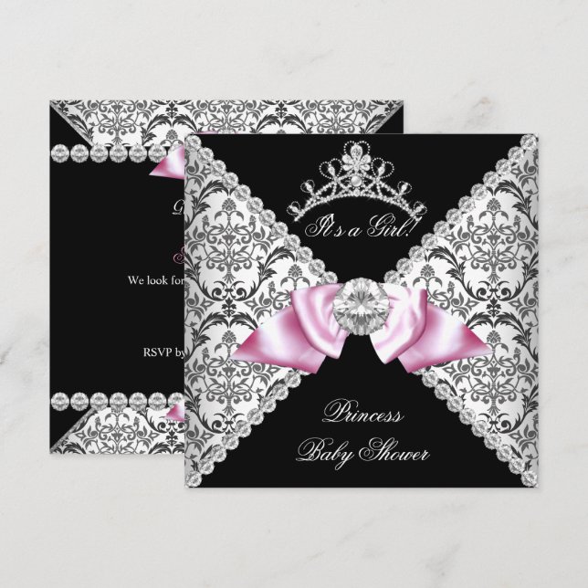 Svart Damask Rosa Rosett Prinsessa Baby Shower Ros Inbjudningar (Fram/baksida)