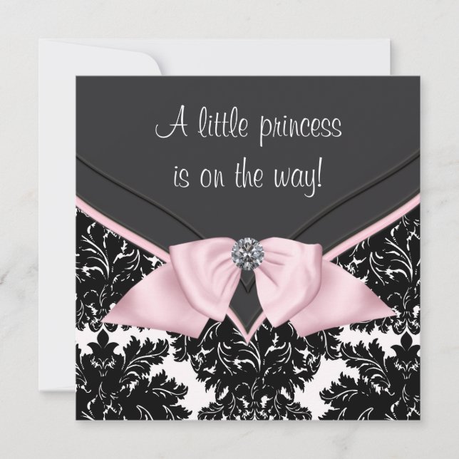 Svart Damask Rosa Slinga Prinsessa Barnkalas Inbjudningar (Framsida)